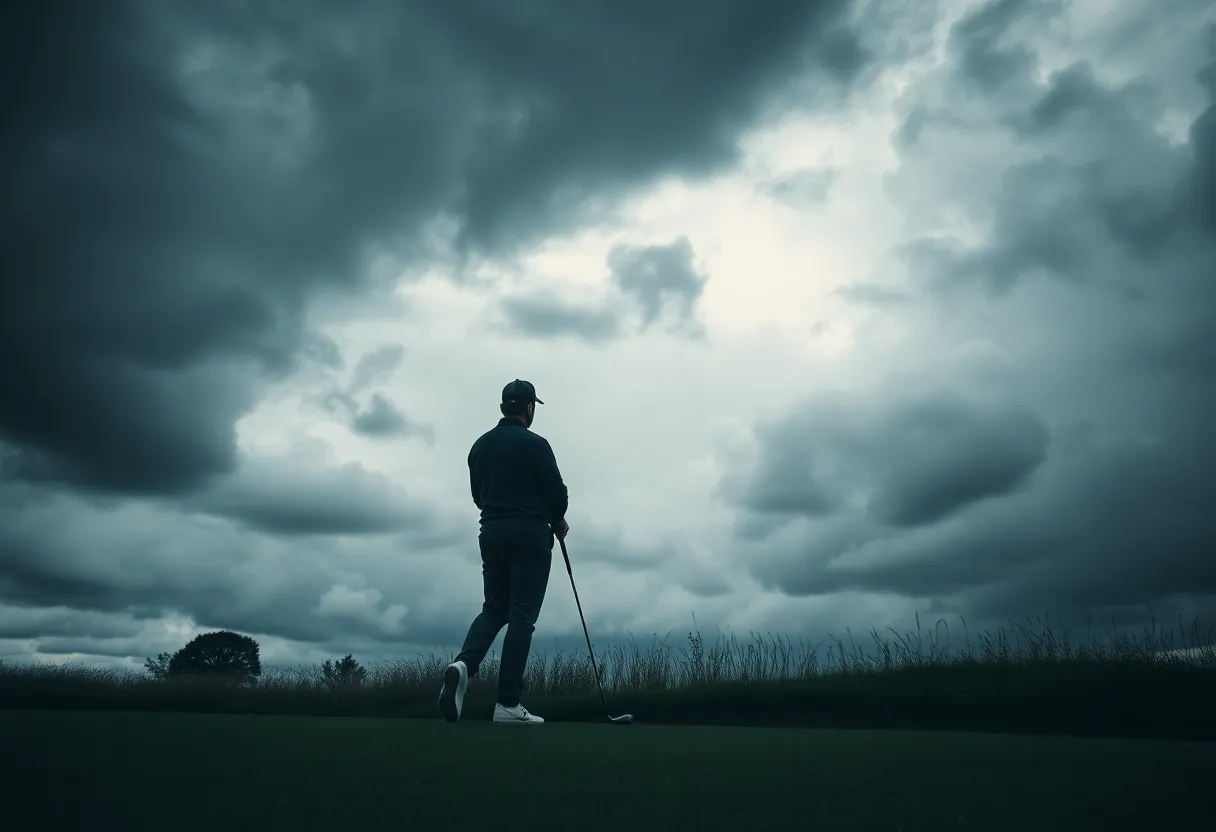 A golfer on the course with a contemplative look as he faces a challenging decision.