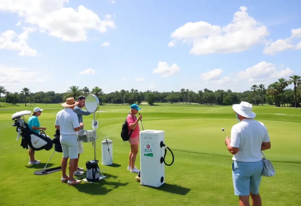 Golfers on a Florida course during summer, emphasizing hydration and sun protection.