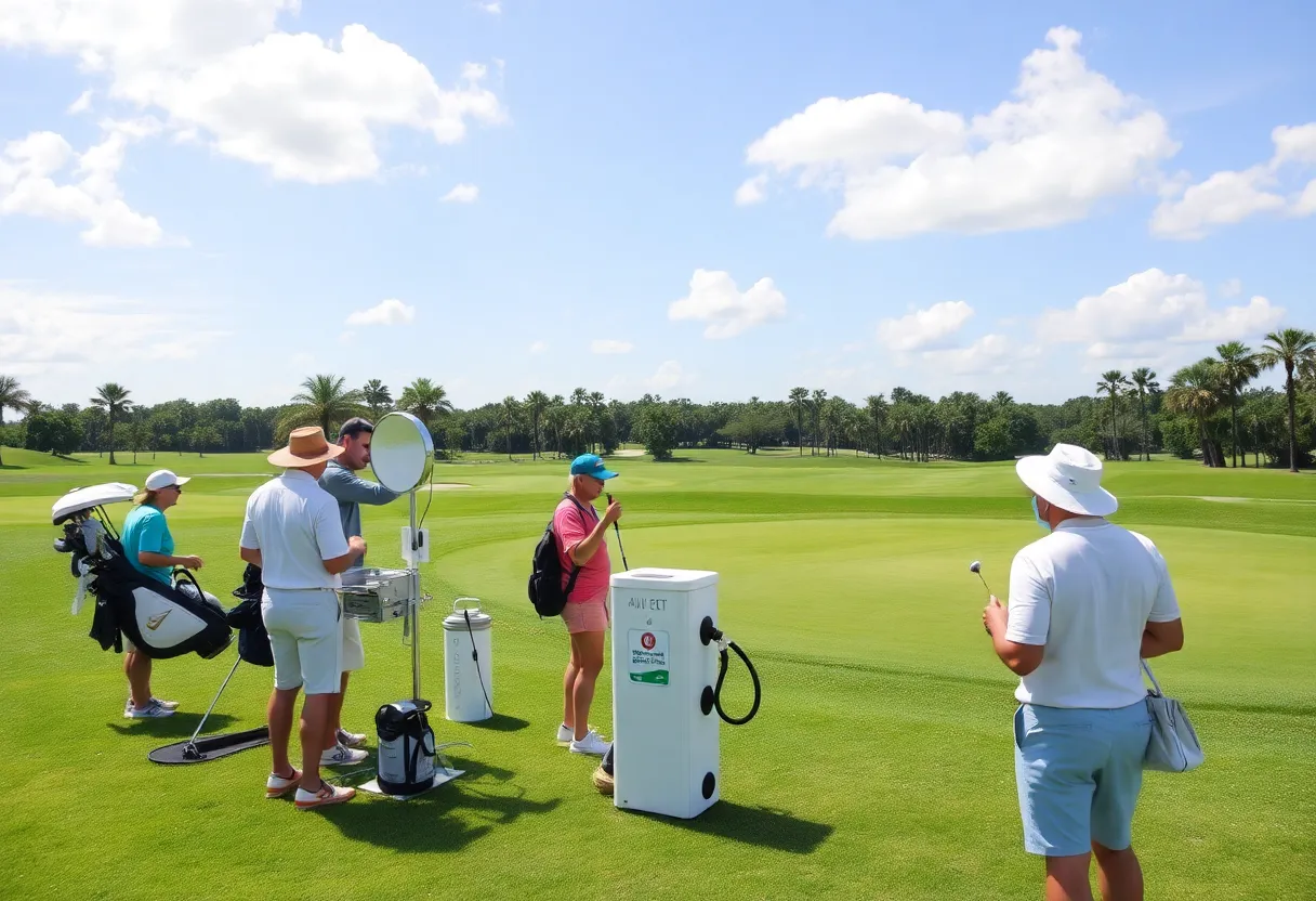 Golfers on a Florida course during summer, emphasizing hydration and sun protection.
