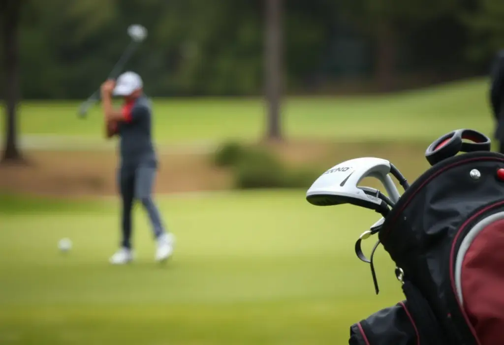 A scenic view of a golf course with golf equipment.