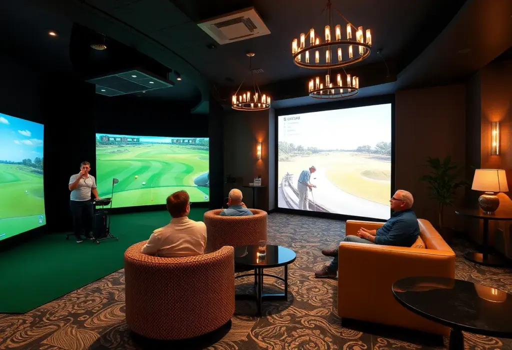 Interior view of the GOLFZON simulator lounge with golfers engaging in play.