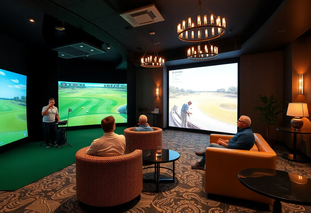 Interior view of the GOLFZON simulator lounge with golfers engaging in play.
