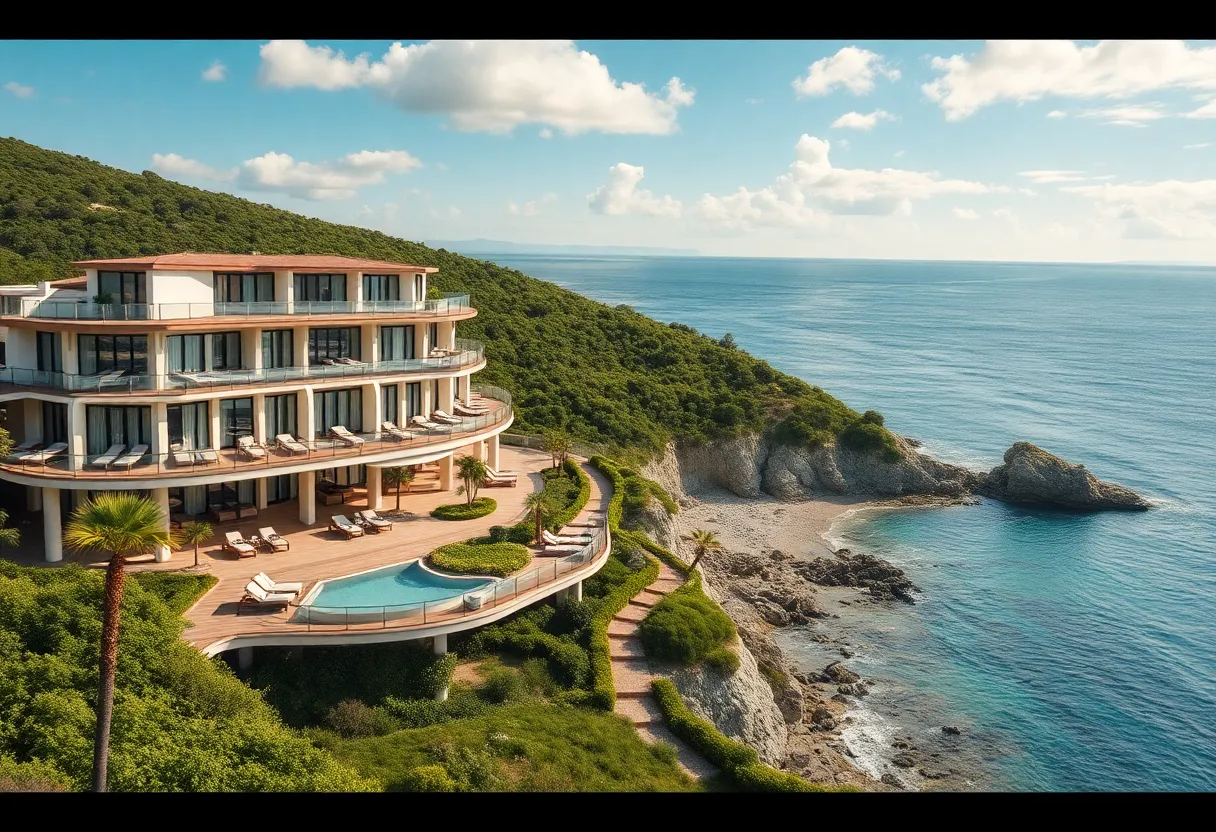 Exterior view of The Hawthorn hotel with modern design and coastal scenery.