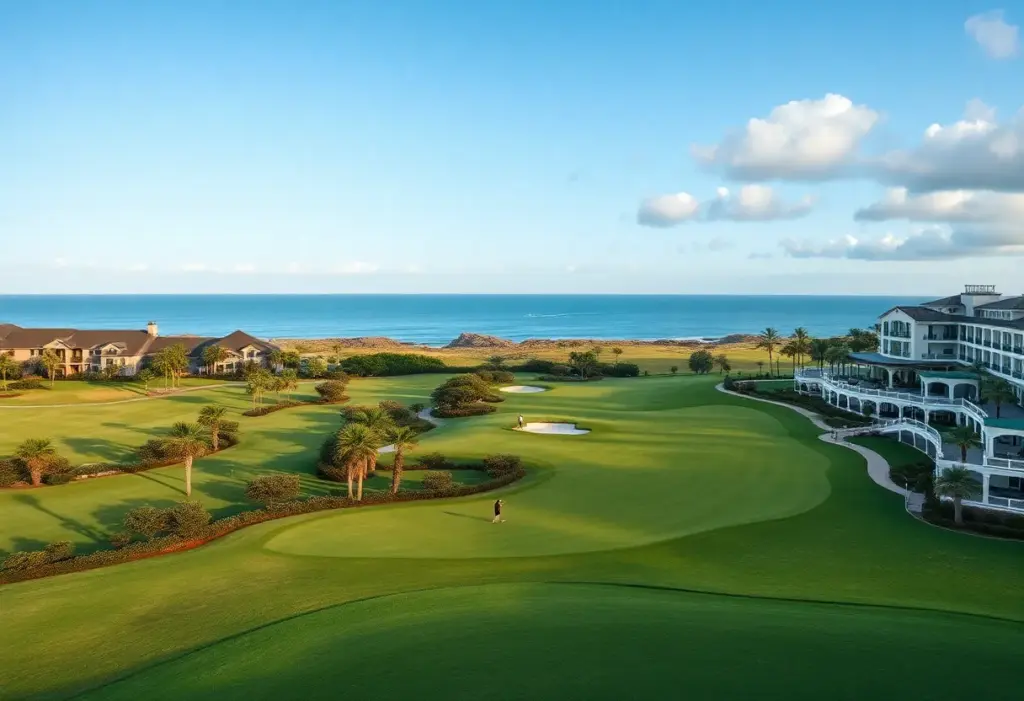 A breathtaking view of Heritage Golf Resort showcasing its lush golf courses and luxurious setting.