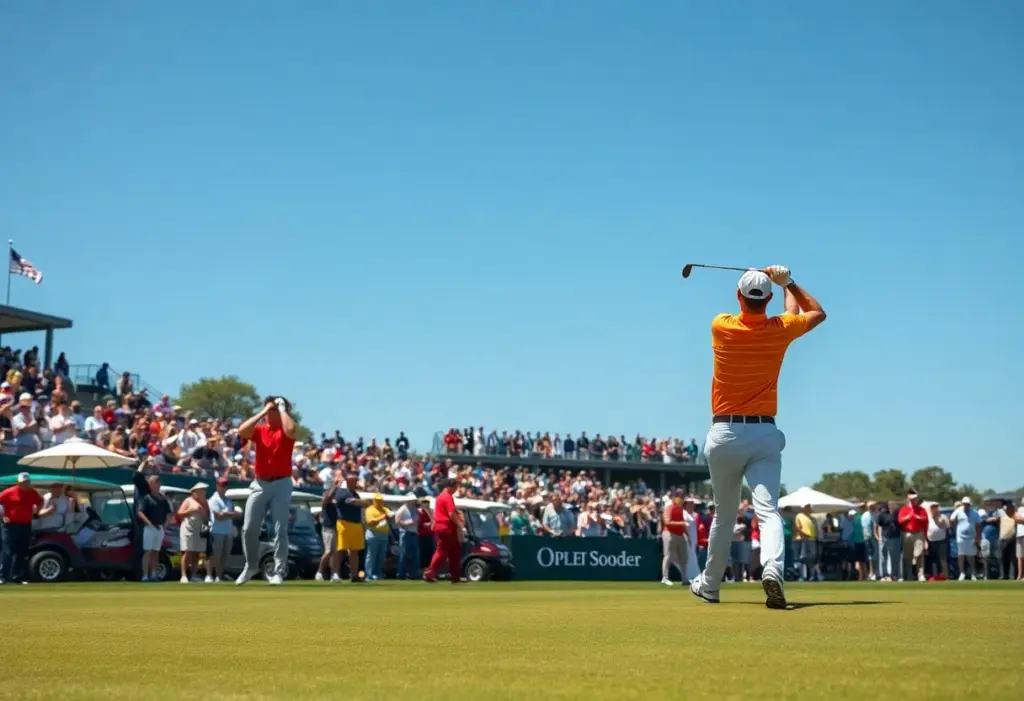 Golf tournament at Memorial Park Golf Course with spectators and players.