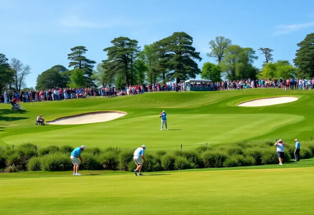 Golfers playing at Houston Open with spectators in view