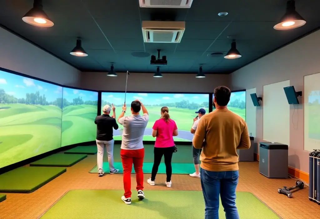 Golfers enjoying indoor golfing experience at Partee Golf
