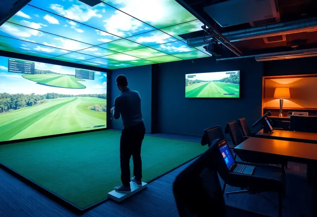 An advanced indoor golf simulator showcasing a realistic golf course on screen.