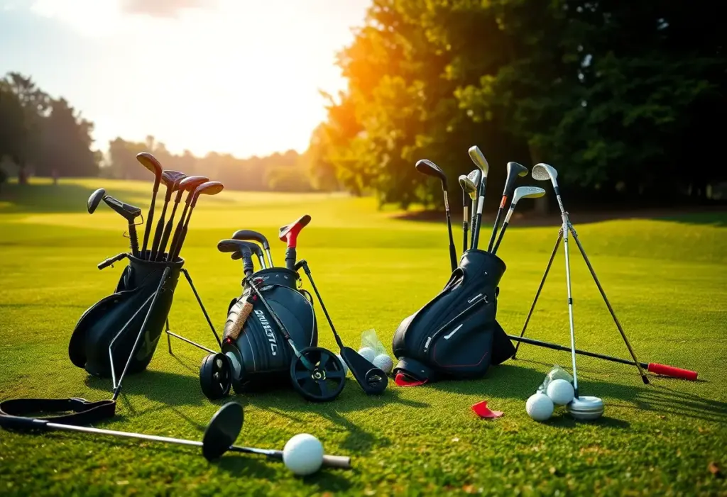 A scenic view of a golf course enhanced with diverse golf equipment.