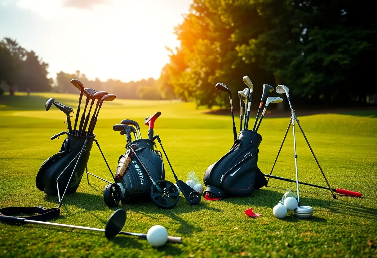 A scenic view of a golf course enhanced with diverse golf equipment.