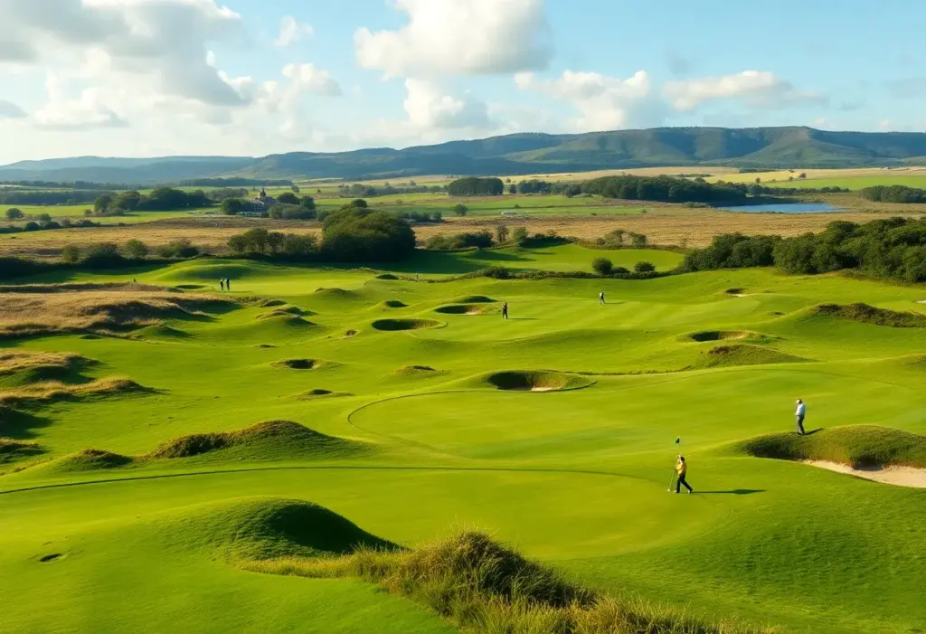 A picturesque view of an Irish golf course with players and scenic landscapes.