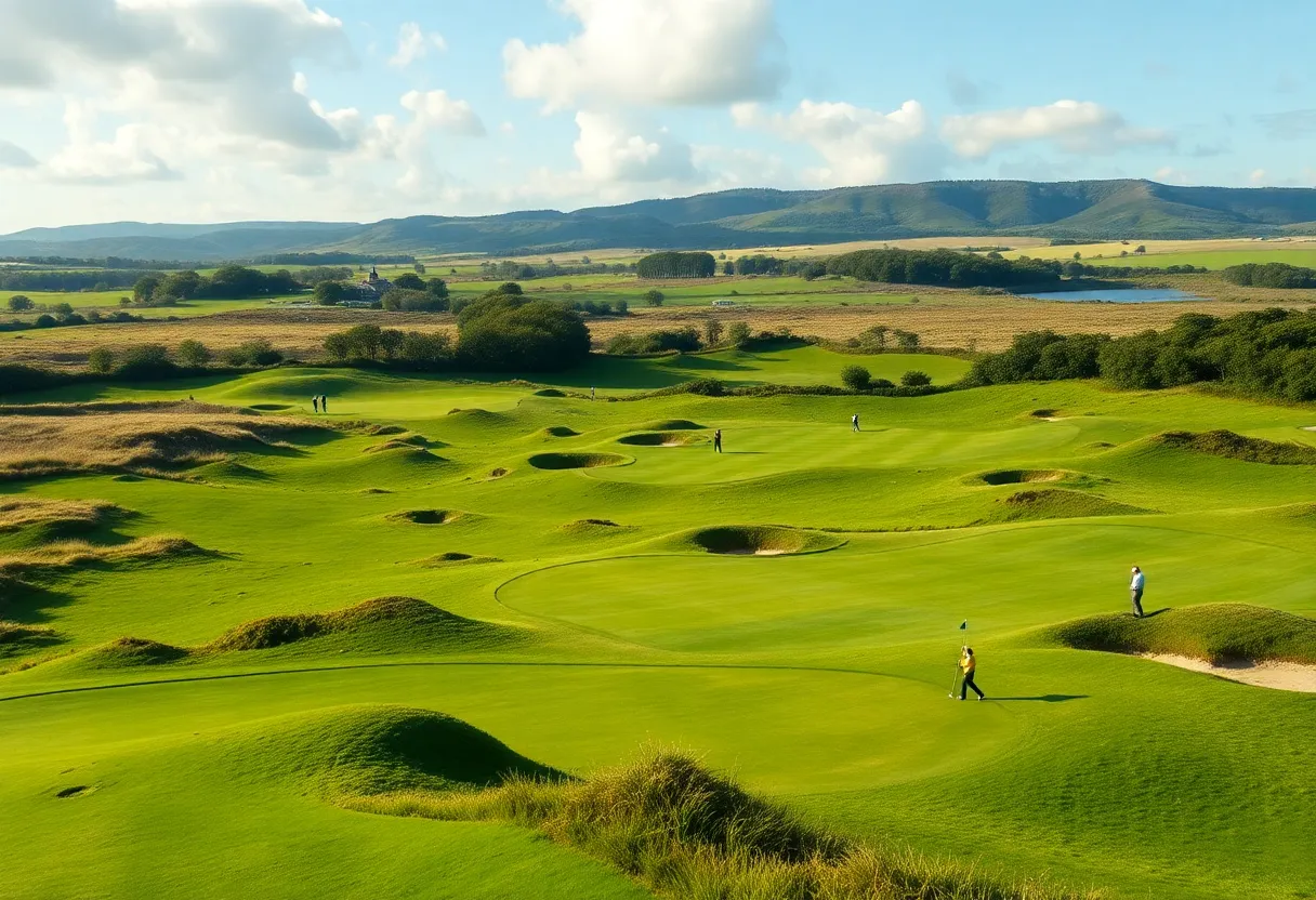 A picturesque view of an Irish golf course with players and scenic landscapes.