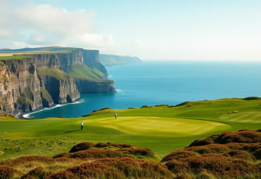 A scenic view of an Irish golf course with ocean cliffs