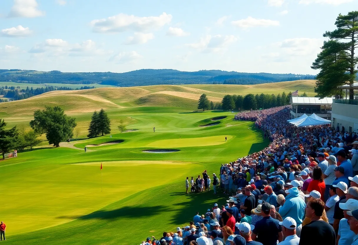 Golf tournament scene with fans at a beautiful golf course
