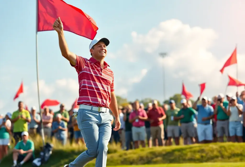 Celebration on the golf course after a tournament victory.