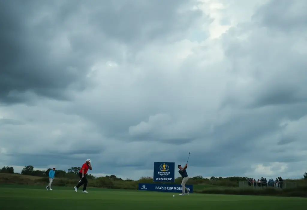 Golf players practicing on course with Ryder Cup banner