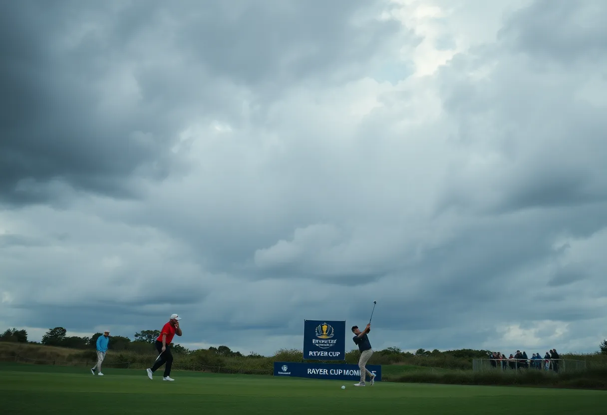 Golf players practicing on course with Ryder Cup banner
