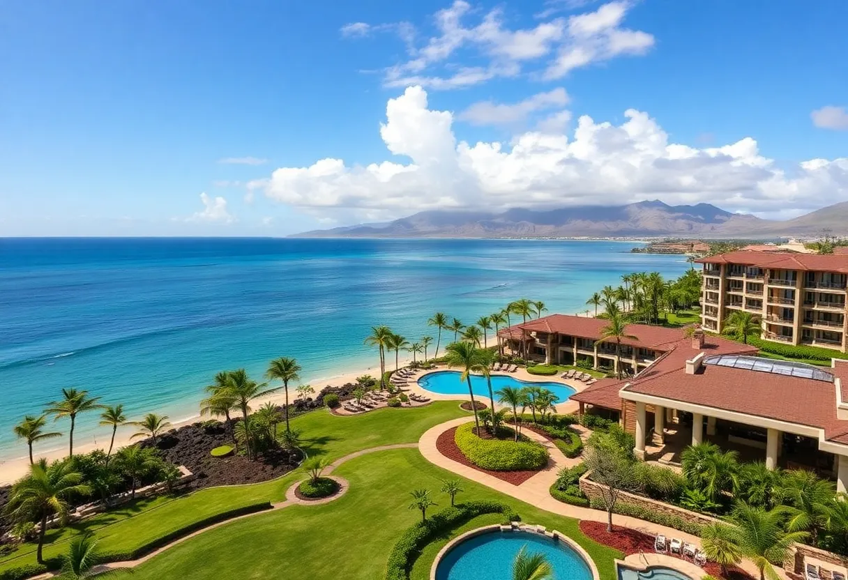 A scenic view of The Resort at Kapalua Bay with oceanfront landscaping