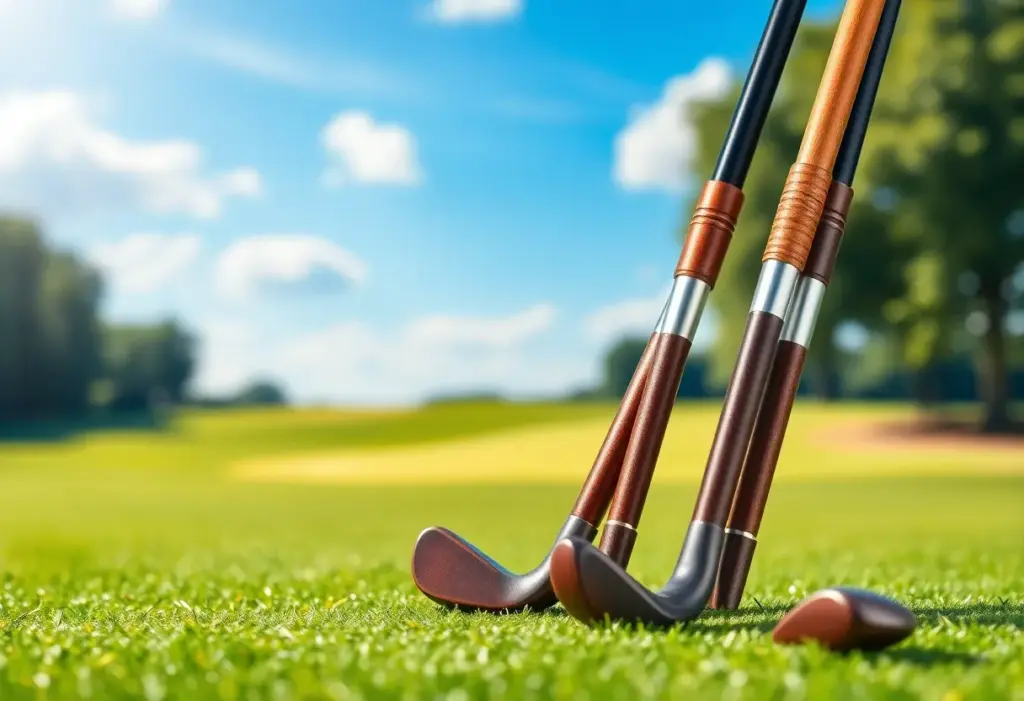 Artistic depiction of high-quality golf clubs on a beautiful golf course