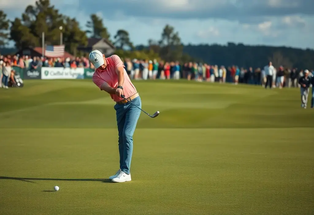 Golfer preparing to make a crucial shot on the golf course during a tournament