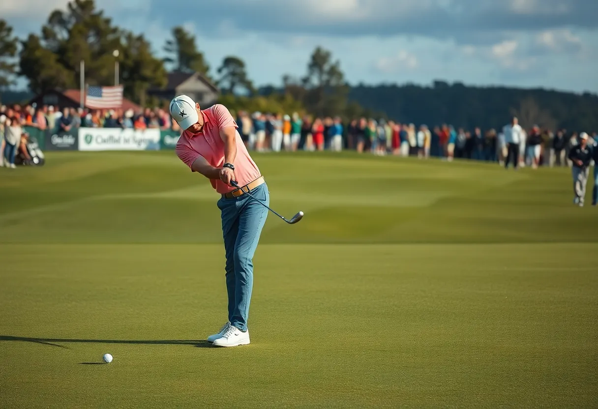 Golfer preparing to make a crucial shot on the golf course during a tournament