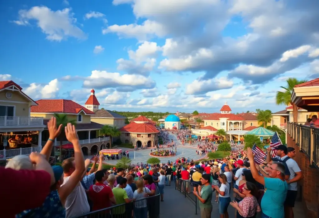 A vibrant Kissimmee landscape featuring vacation homes with fans celebrating the World Cup.