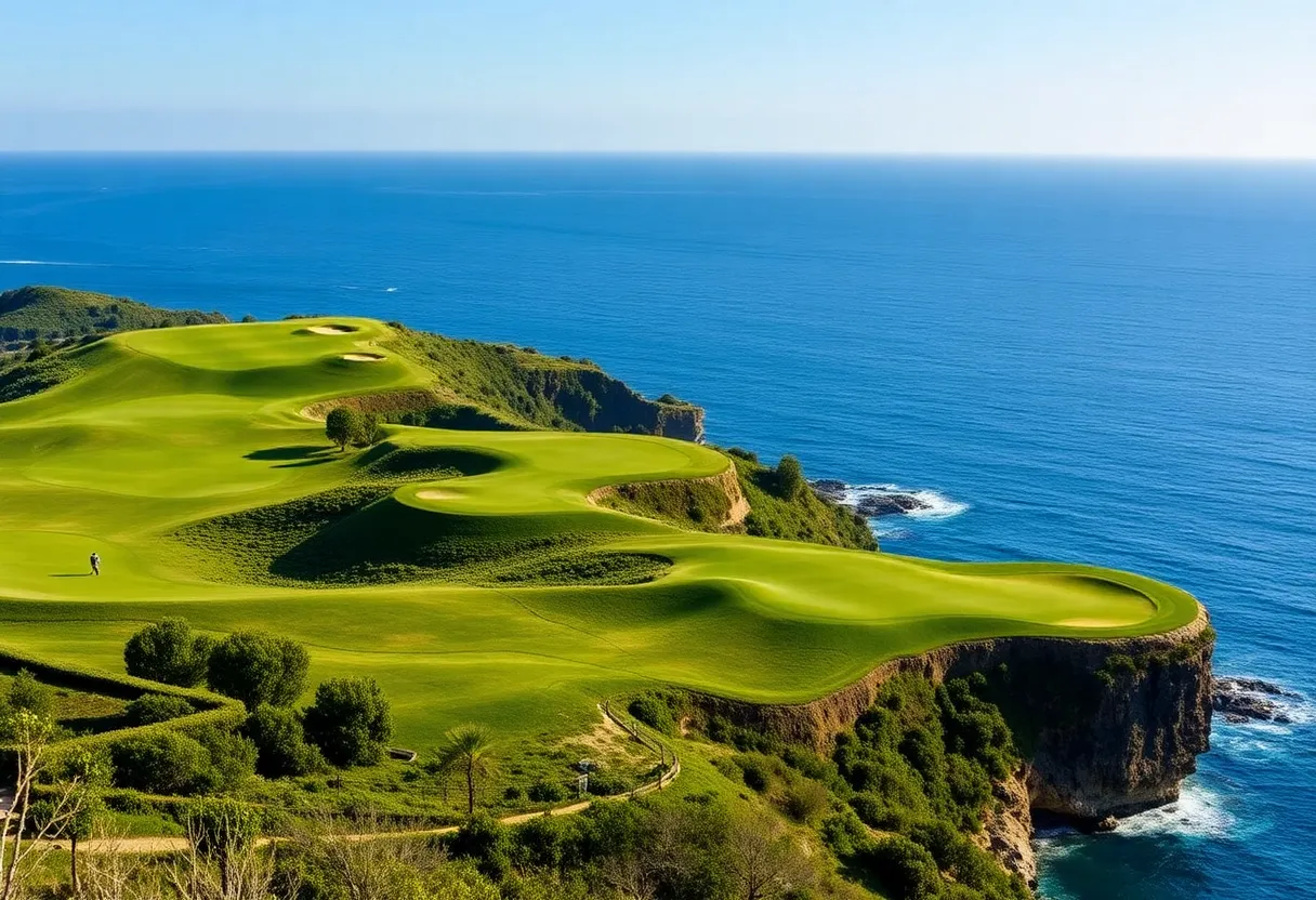 A breathtaking view of La Réserve Golf Links golf course with ocean backdrop.