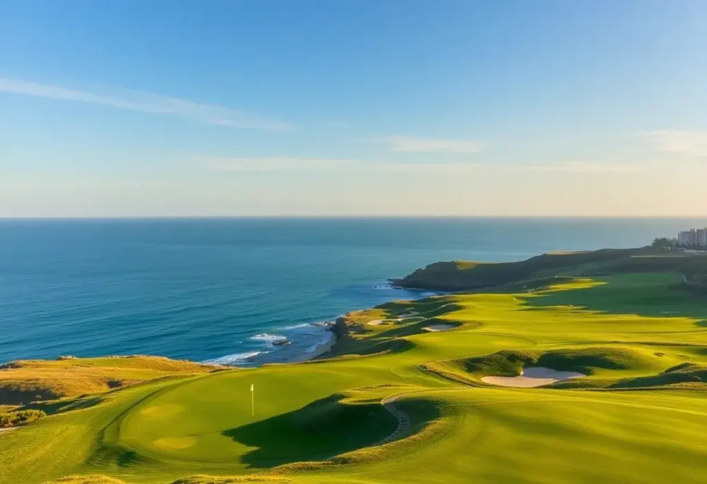 Panoramic view of La Réserve Golf Links golf course with ocean in the background