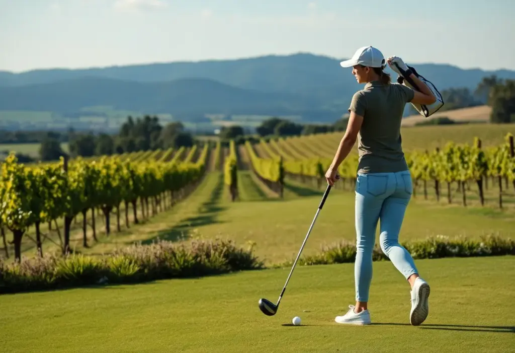 Female golfer showcasing a connection between golf and wine