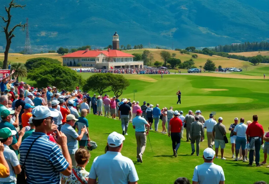 Aerial view of the LIV Golf tournament showcasing players and enthusiastic fans in South Africa.