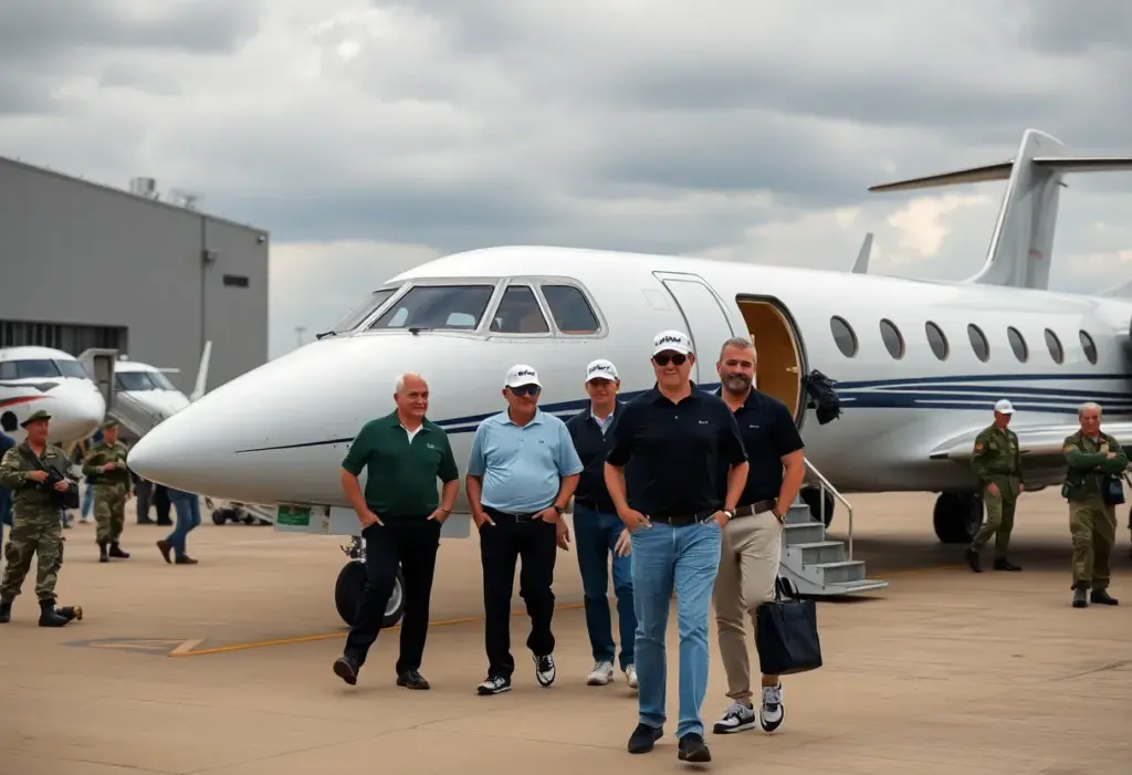 LIV Golf players boarding a charter jet amidst travel chaos