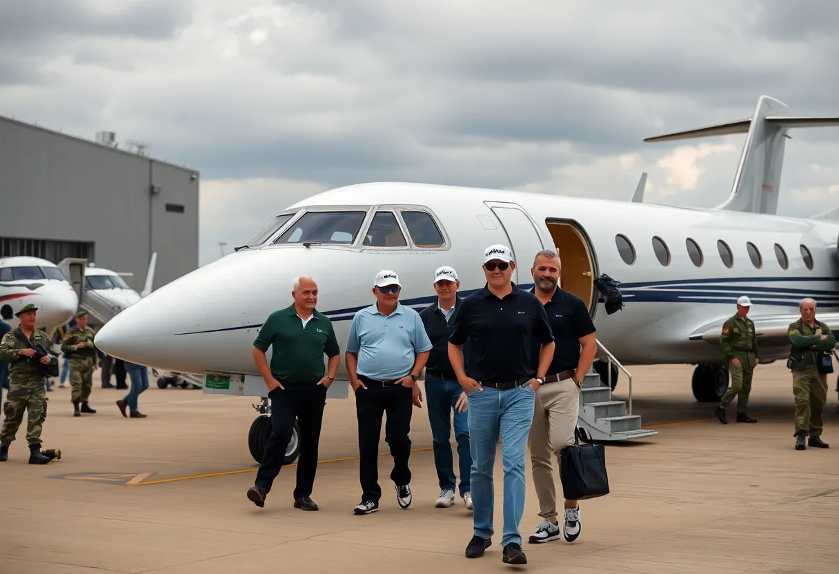 LIV Golf players boarding a charter jet amidst travel chaos