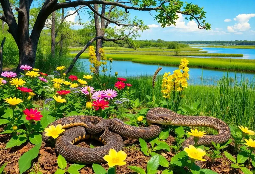 Various snakes in Louisiana's spring habitat