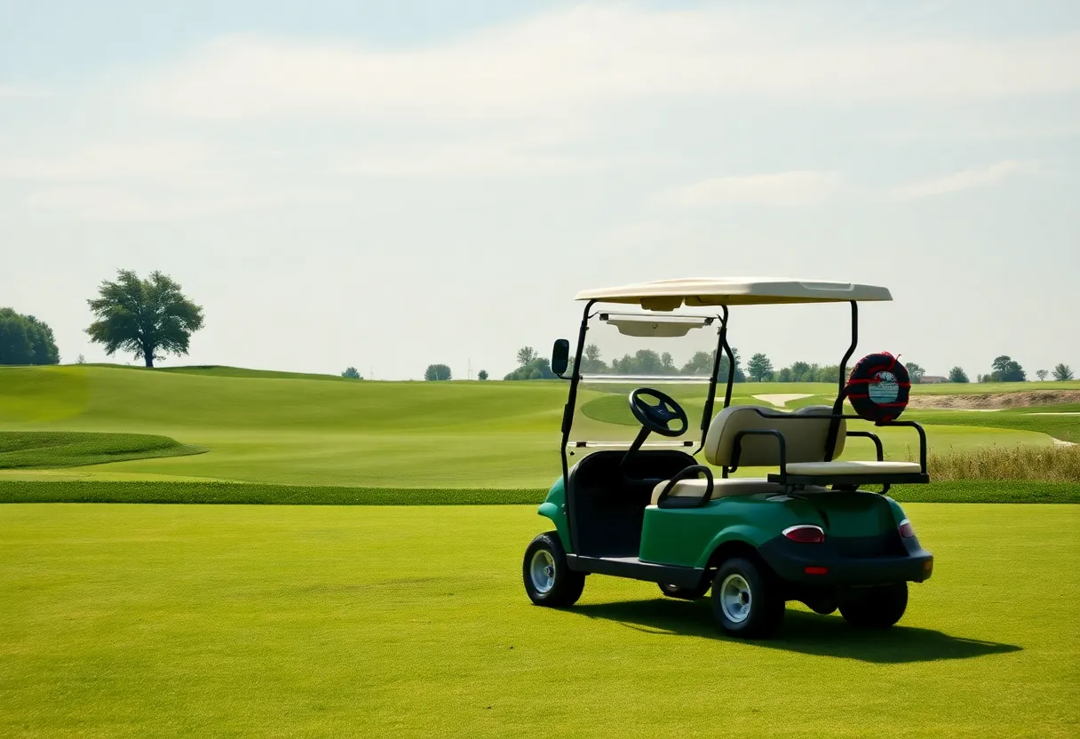 An empty golf cart on a luxurious golf course