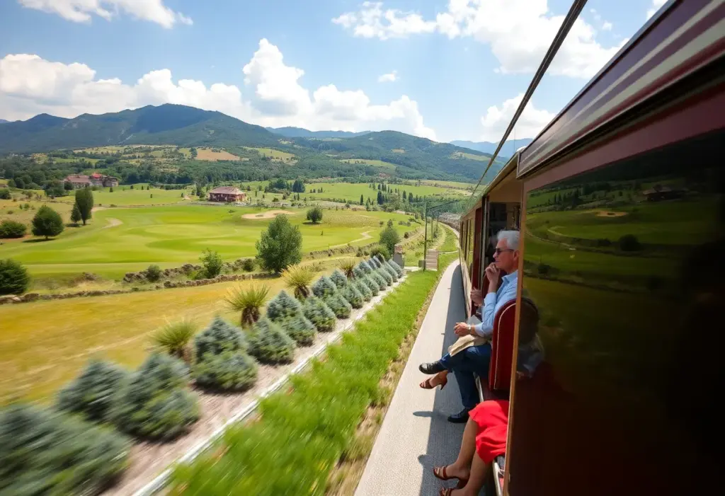Luxurious train journey through Italian landscapes with golf focus