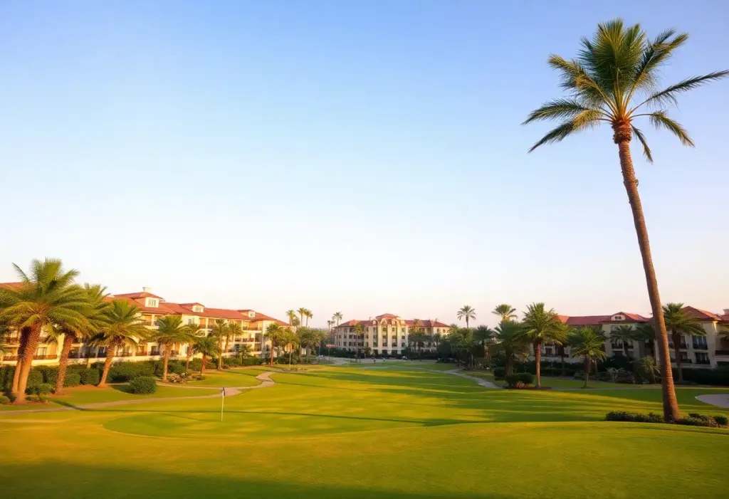 A beautiful resort with palm trees and a golf course under a blue sky