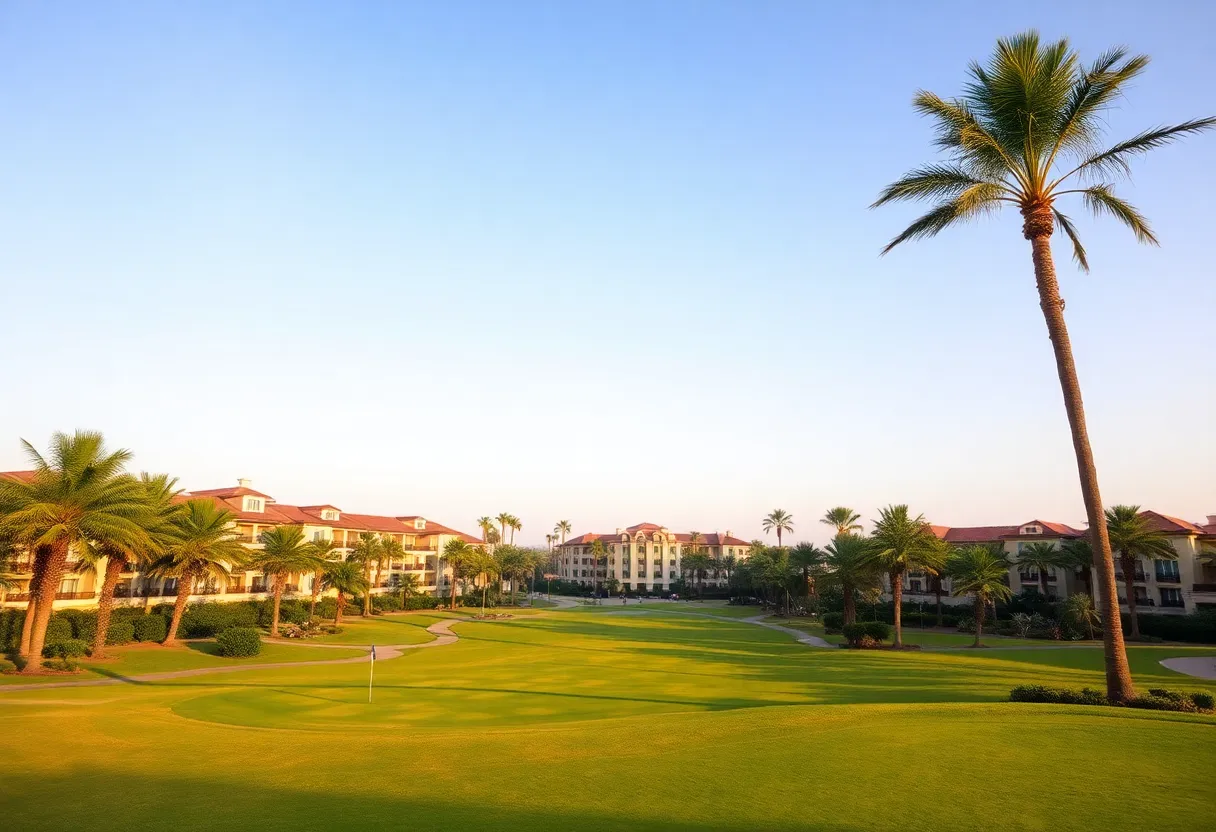 A beautiful resort with palm trees and a golf course under a blue sky