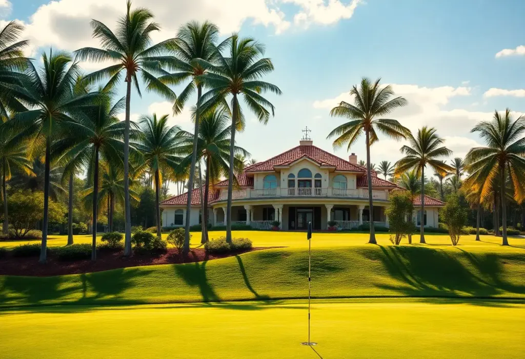 A luxury golf course with palm trees and blue skies