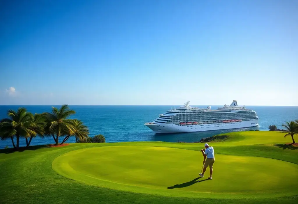 Golfers enjoying a game on deck of a luxury cruise ship