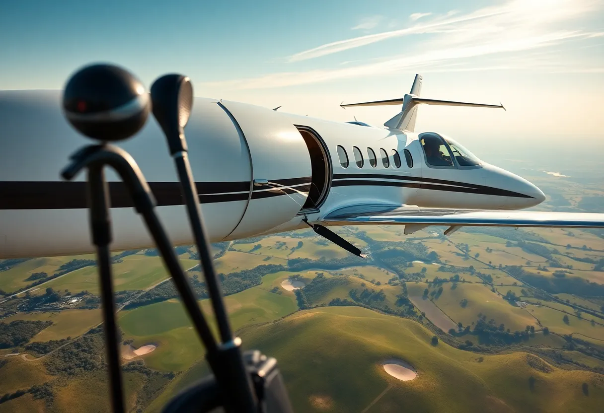 Private jet flying over a golf course