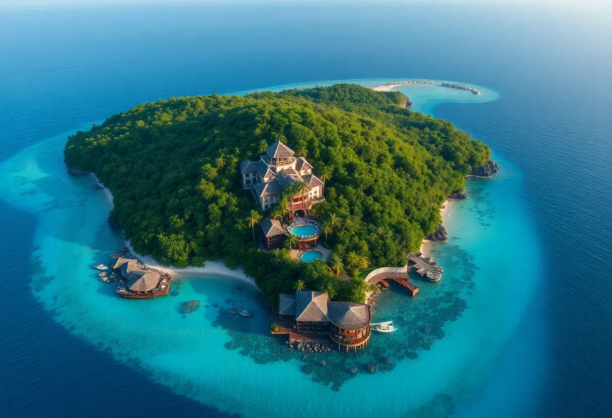 An aerial view of a luxurious private island with lavish villas surrounded by the ocean.