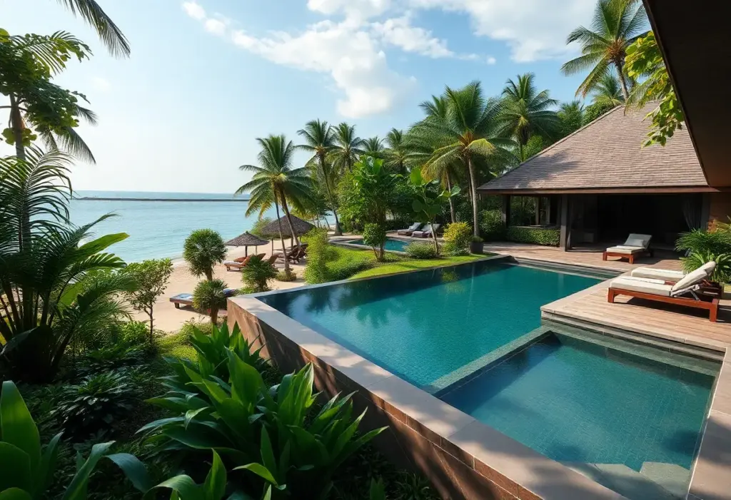 A luxury resort in Indonesia with a private pool and beach.