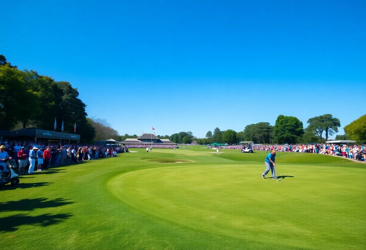 Golf scene with players and spectators at a tournament