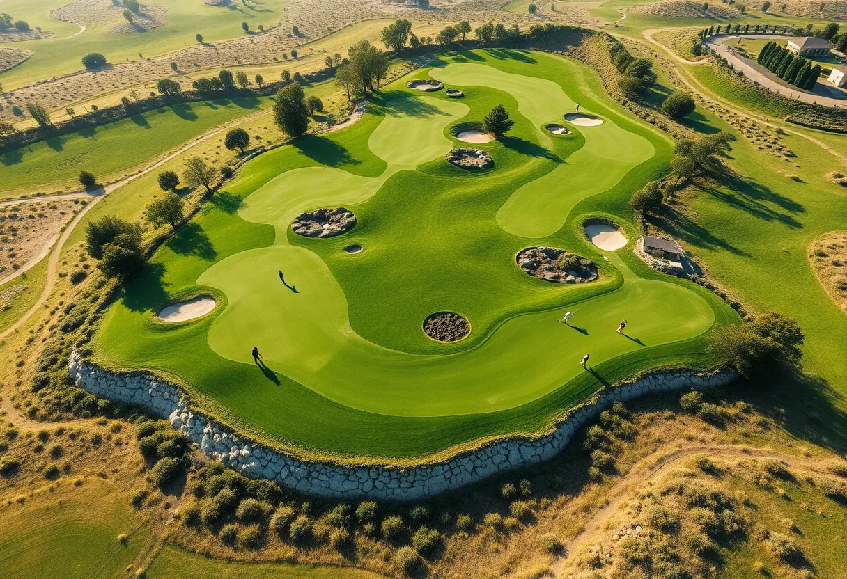 Aerial view of a modern golf course with strategic features.