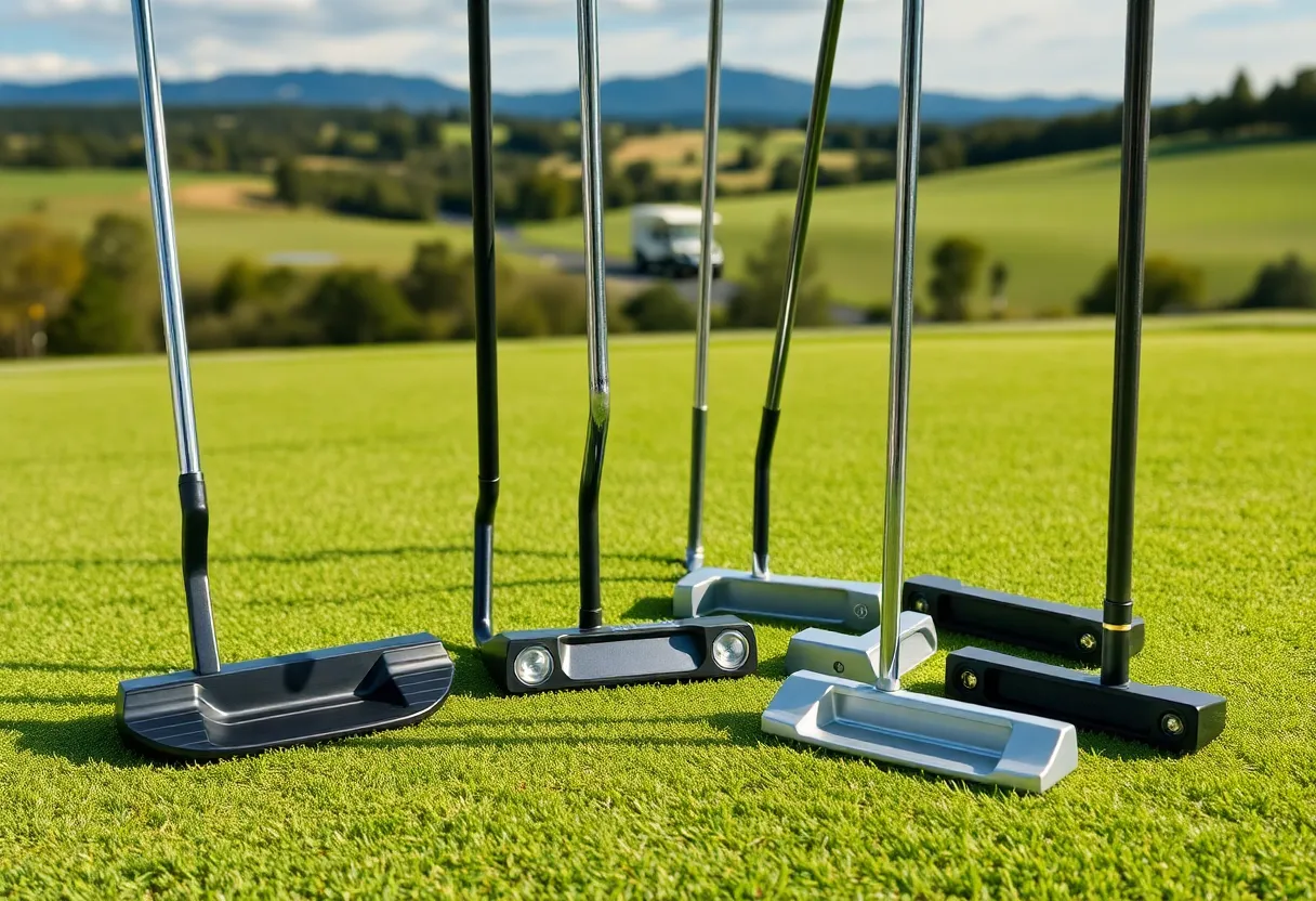 Collection of modern golf putters on grass