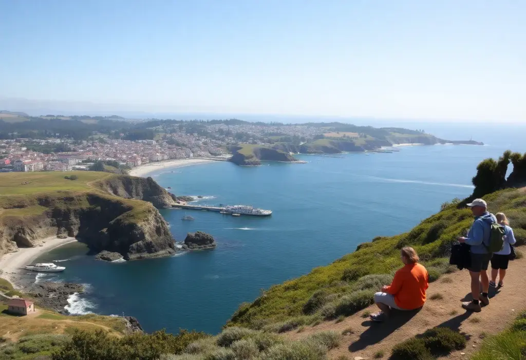Stunning coastal landscape of Monterey with kayakers and hikers