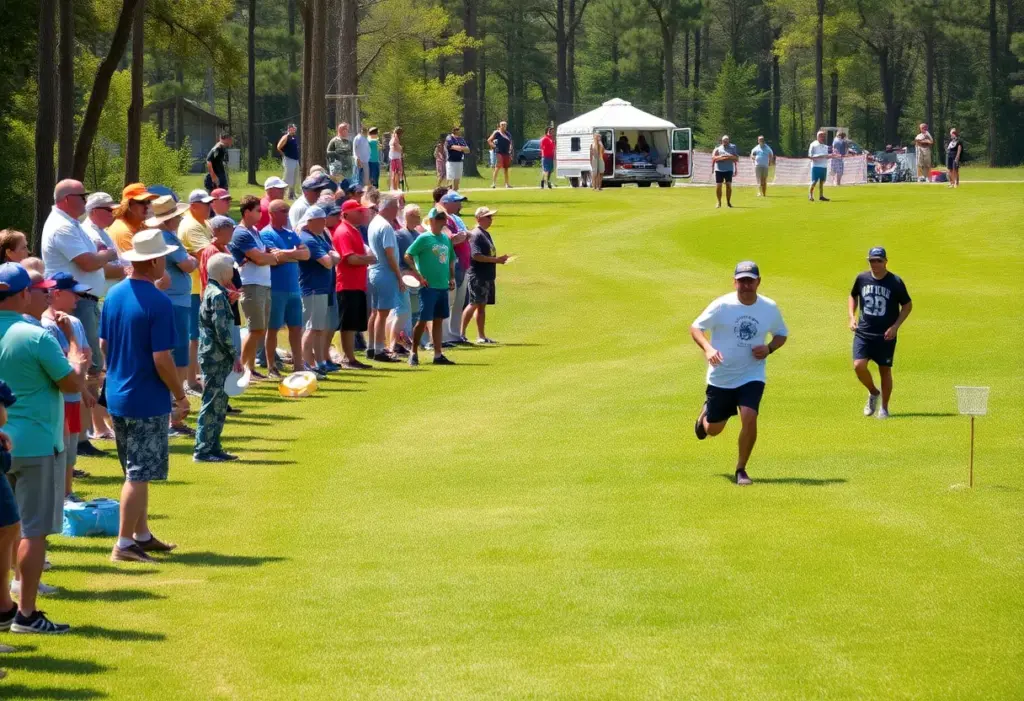Players at the MVP Big Easy Open tournament competing on the disc golf course