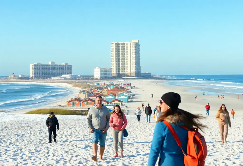 Tourists enjoying Myrtle Beach with discount signage