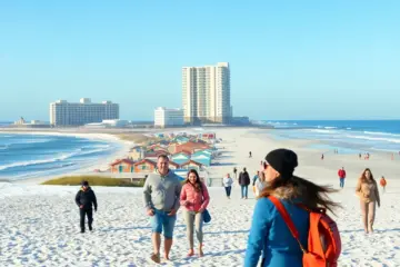 Tourists enjoying Myrtle Beach with discount signage