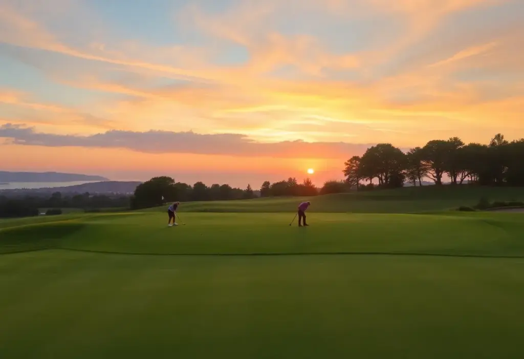 Scenic view of a golf course showcasing the final hole during the New Zealand Open tournament.